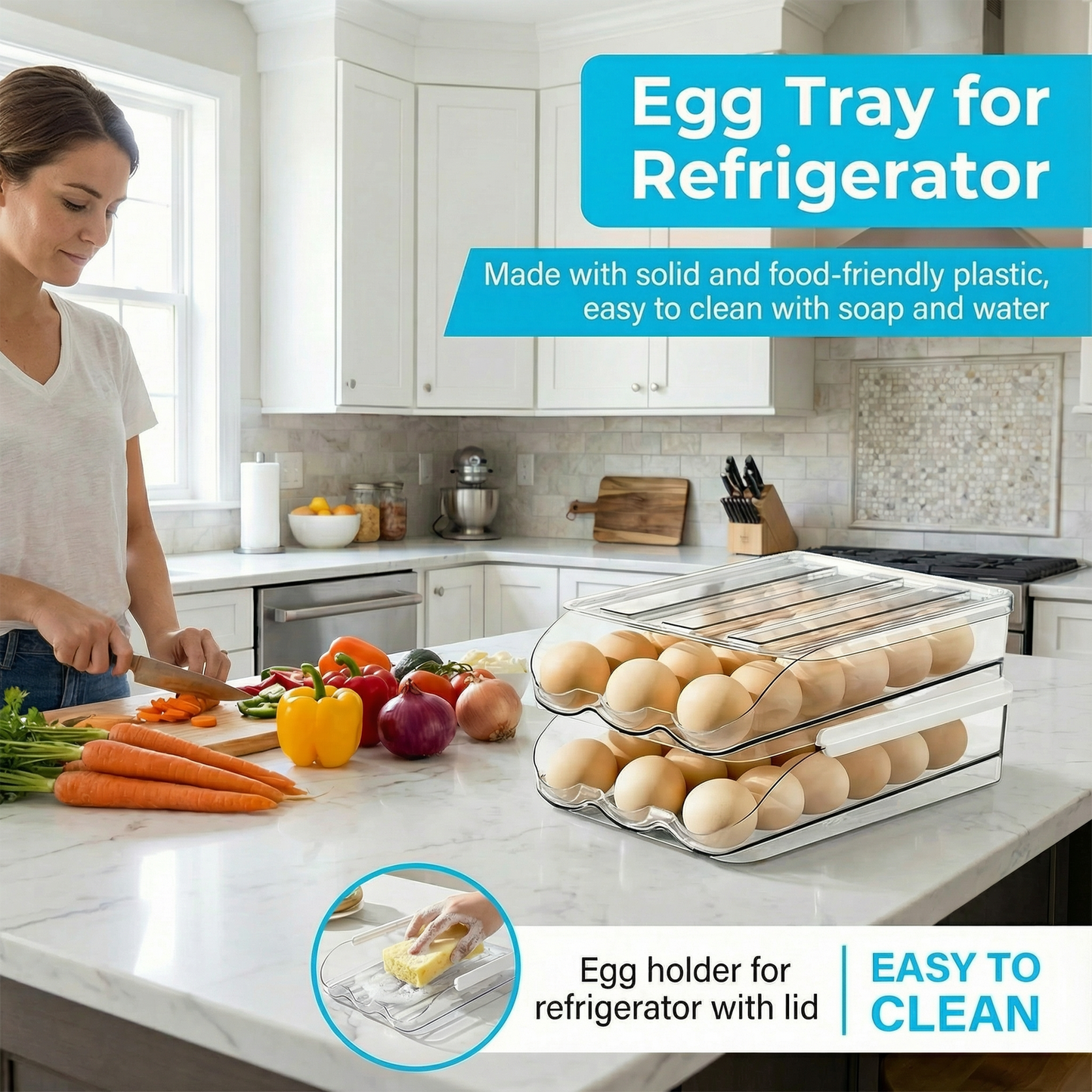 36-Count 2-Tier Rolling Egg Holder, Clear Plastic Stackable Egg Container with Lid