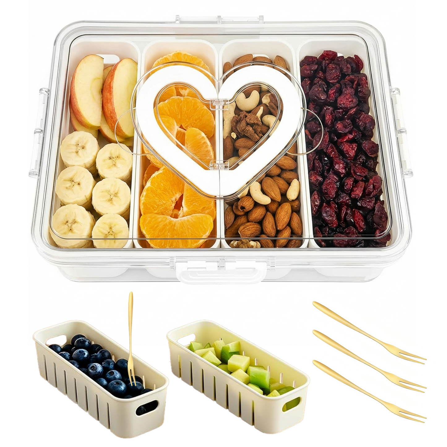 Snackle Box Container – 4 Compartment Divided Serving Tray with Lid & Handle, Portable White