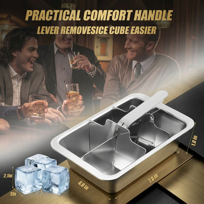 6-Slot Large Ice Cube Tray with Easy-Lift Handle - 18/8 Stainless Steel Giant Ice Mold for Whiskey & Craft Cocktails, 2.16" Slow-Melting