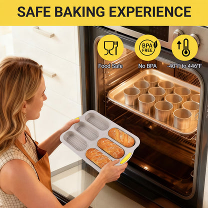 6-Cavity Silicone Baguette Bread Pan, Non-Stick French Bread & Hot Dog Bun Mold, Foldable Loaf Pan Baking Tool