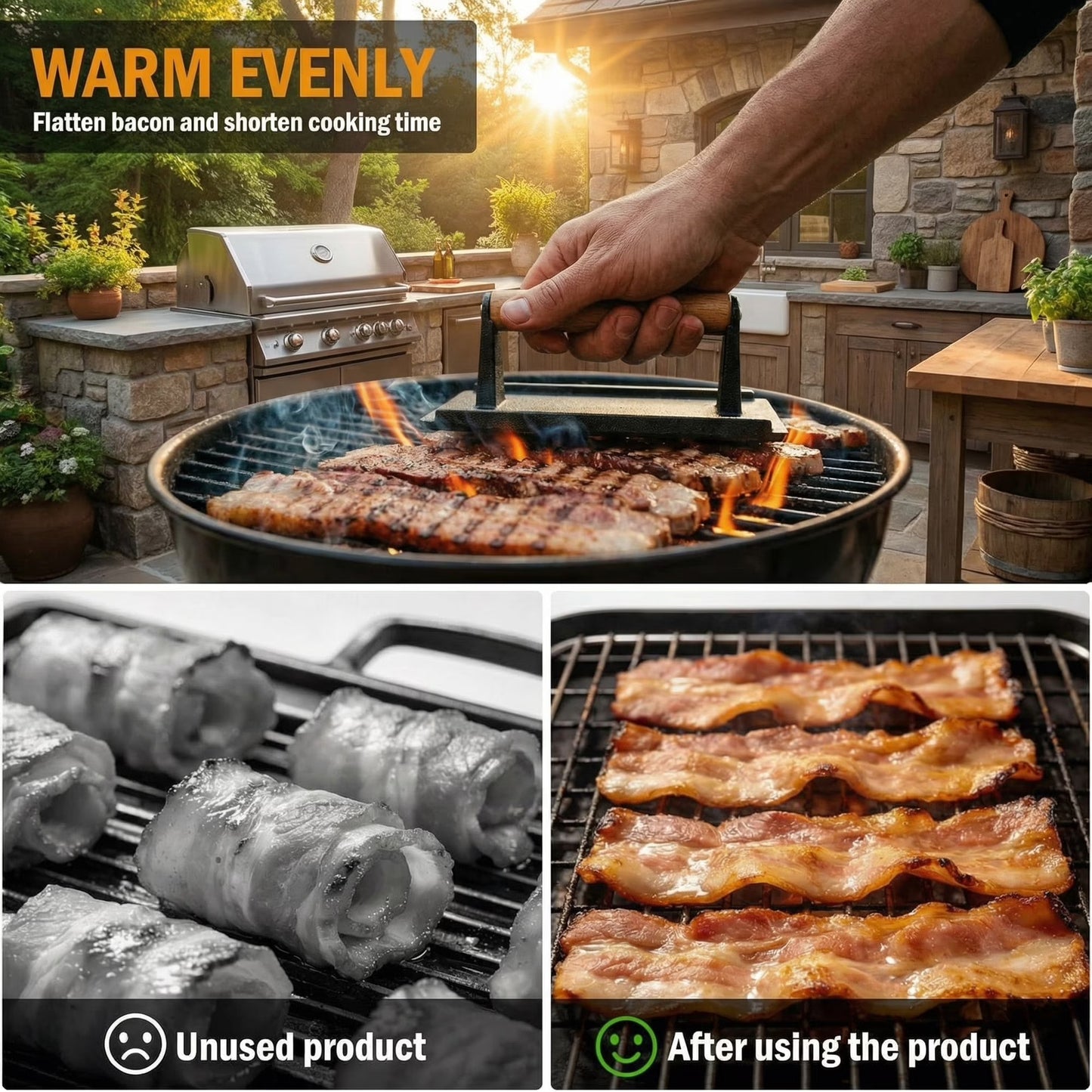 Cast Iron Smash Bacon Press Meat Steak with Wood Handle, Heavy Duty Round & Rectangular, Grill Press for Sandwich, Paninis, Burger Press, Send Goods from Local Warehouse