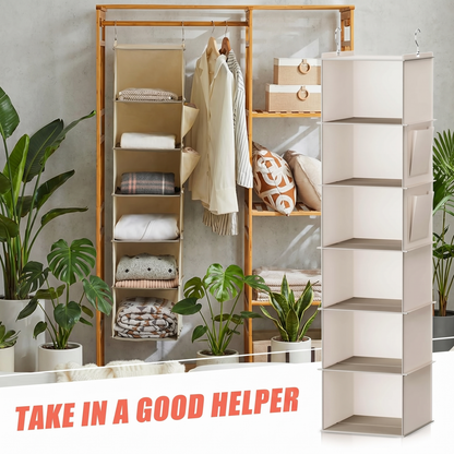 6-Shelf Hanging Closet Organizer in Beige — Fabric Storage with Bamboo Inserts & Side Pockets, 47" Vertical Storage for Clothes, Shoes & Accessories