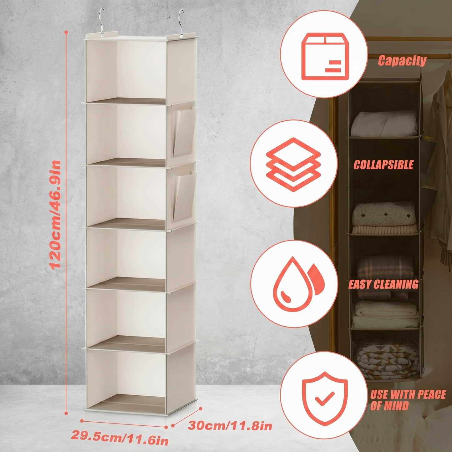 6-Shelf Hanging Closet Organizer in Beige — Fabric Storage with Bamboo Inserts & Side Pockets, 47" Vertical Storage for Clothes, Shoes & Accessories