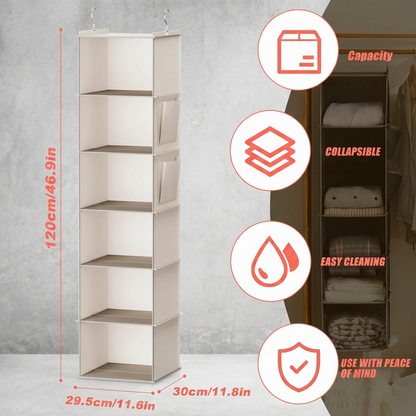 6-Shelf Hanging Closet Organizer in Beige — Fabric Storage with Bamboo Inserts & Side Pockets, 47" Vertical Storage for Clothes, Shoes & Accessories
