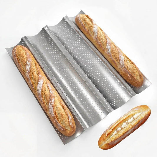 Baguette Baking Pan, 4 Loaves Perforated Nonstick French Bread Pan with Proofing Cloth, for Sourdough & Italian Bread, Crisp Crust Bakeware, 15" x 13", Silver