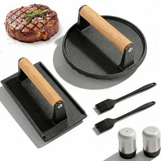 Cast Iron Smash Bacon Press Meat Steak with Wood Handle, Heavy Duty Round & Rectangular, Grill Press for Sandwich, Paninis, Burger Press, Send Goods from Local Warehouse