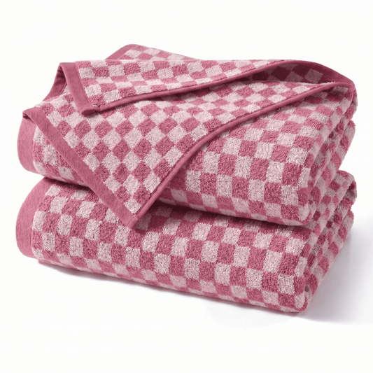 Check Pattern Cotton Body Towels 2-Pack, Lightweight Quick Dry Woven Terry Towel (Pink, 27.5 x 55 Inches) for Daily Shower, Guest Room and Beach