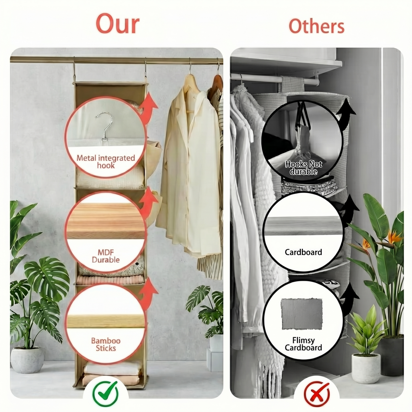 6-Shelf Hanging Closet Organizer in Beige — Fabric Storage with Bamboo Inserts & Side Pockets, 47" Vertical Storage for Clothes, Shoes & Accessories