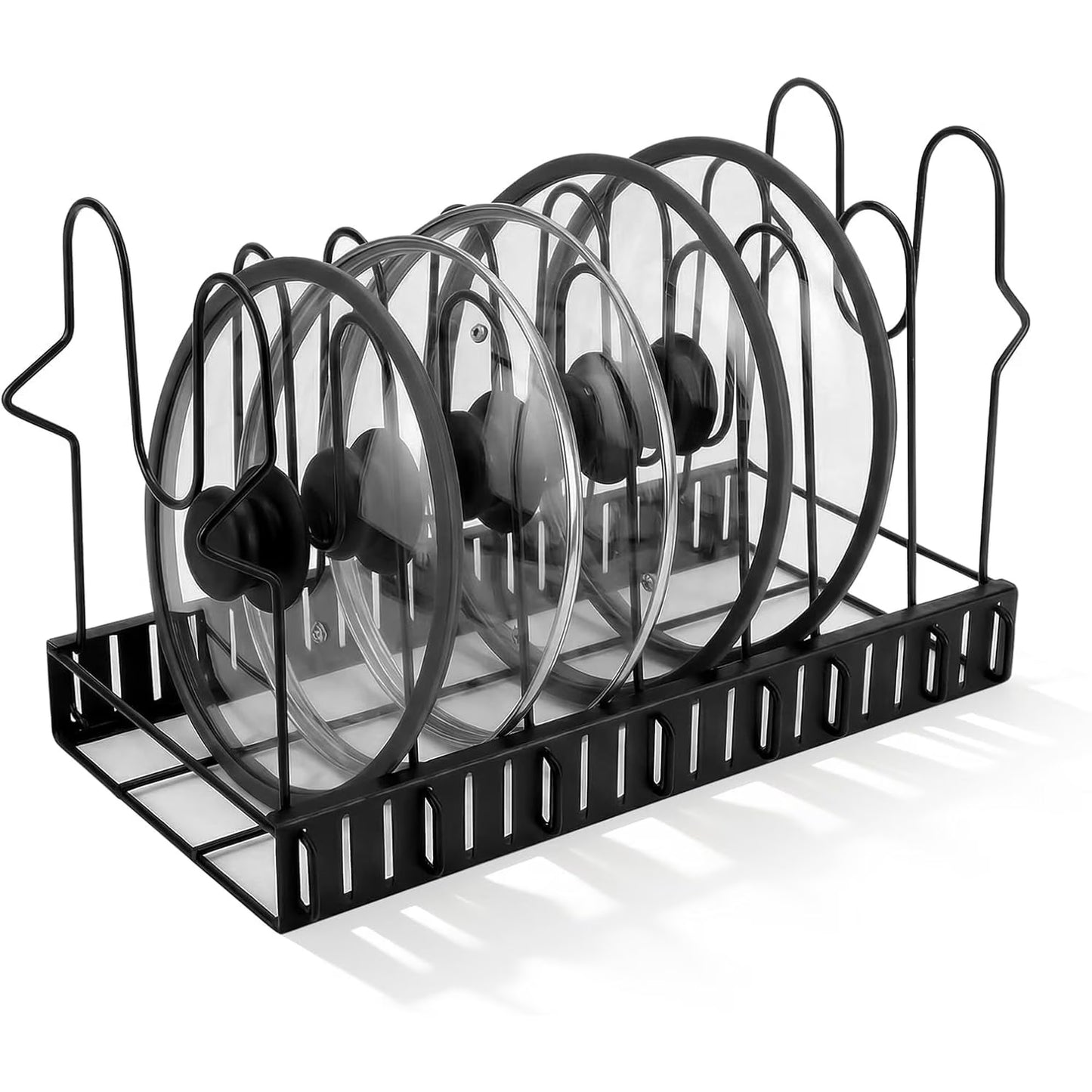 Expandable Pot Lid Organizer for Cabinet, 12"-23" Adjustable Pots & Pans Lid Rack with 8 Dividers, Under Cabinet Storage for Bakeware, Cutting Boards & Lids, Black