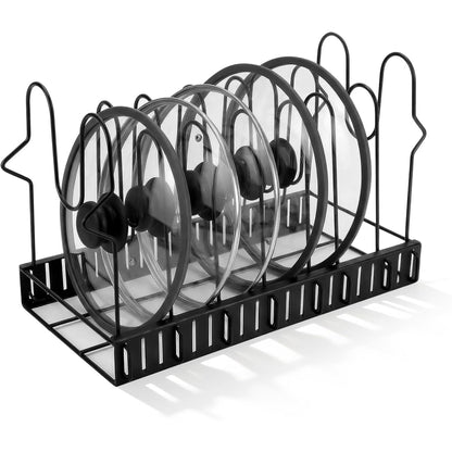 Expandable Pot Lid Organizer for Cabinet, 12"-23" Adjustable Pots & Pans Lid Rack with 8 Dividers, Under Cabinet Storage for Bakeware, Cutting Boards & Lids, Black