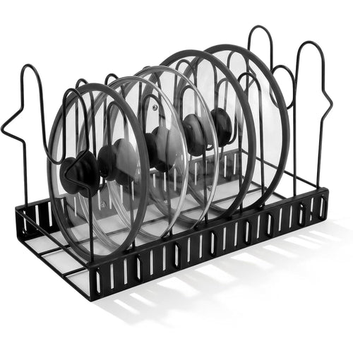 Expandable Pot Lid Organizer for Cabinet, 12"-23" Adjustable Pots & Pans Lid Rack with 8 Dividers, Under Cabinet Storage for Bakeware, Cutting Boards & Lids, Black