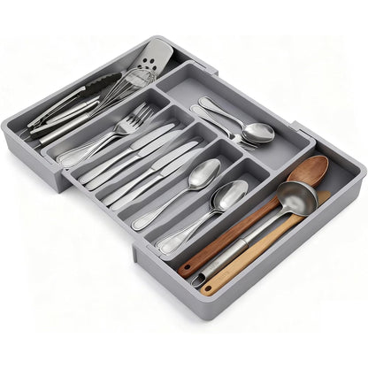 Expandable Silverware Organizer for Drawer, Adjustable Utensil Tray with 2 Removable Blocks, 6-8 Slot Cutlery Organizer for Spoons, Forks & Knives, Large Capacity, Gray