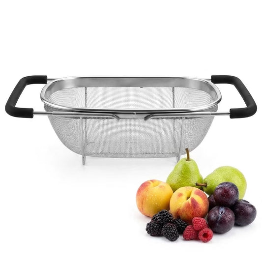 6 Quarts Fine Mesh Stainless Steel Colander, Over The Sink Colander, stainless steel colander strainer with Expandable Rubber Grip Handle, vegetable washing basket for Strain, Drain, Rinse