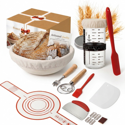 Complete Sourdough Starter Kit - 9" Rattan Banneton Basket, 24oz Glass Fermentation Jar with Thermometer, Full Bread Baking Tool Set for Beginners