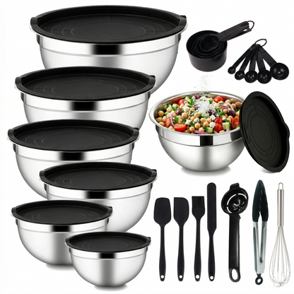 21-Piece Stainless Steel Mixing Bowl Set with Lids — 7 Nesting Sizes (0.7/1/1.5/2/2.5/3.5/4.2 QT ), Kitchen Gadgets Included, Secure-Fit Covers