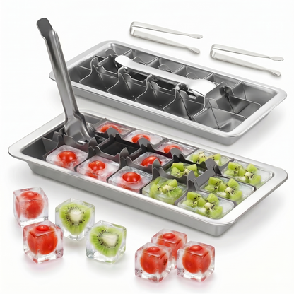 2 Pack 18-Cube Heavy-Duty Stainless Steel Ice Tray with Easy-Lift Handle - 304 Metal Freezer Mold for Cocktails, Kitchen Prep & Baby Food, Bar-Quality Ice at Home