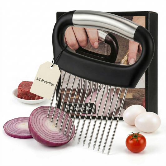 Stainless Steel Onion Slicing Holder - Kitchen Tool for Even Cuts on Potatoes, Tomatoes, Lemons & Round Vegetables, Secure-Grip Design