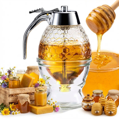 Honey Dispenser No Drip Glass, Glass Honey Dispenser No Drip with Stand, Syrup Dispenser Jar for Kitchen, Honey Syrup Pourer for Tea Coffee Breakfast, 8oz, 1 Pack