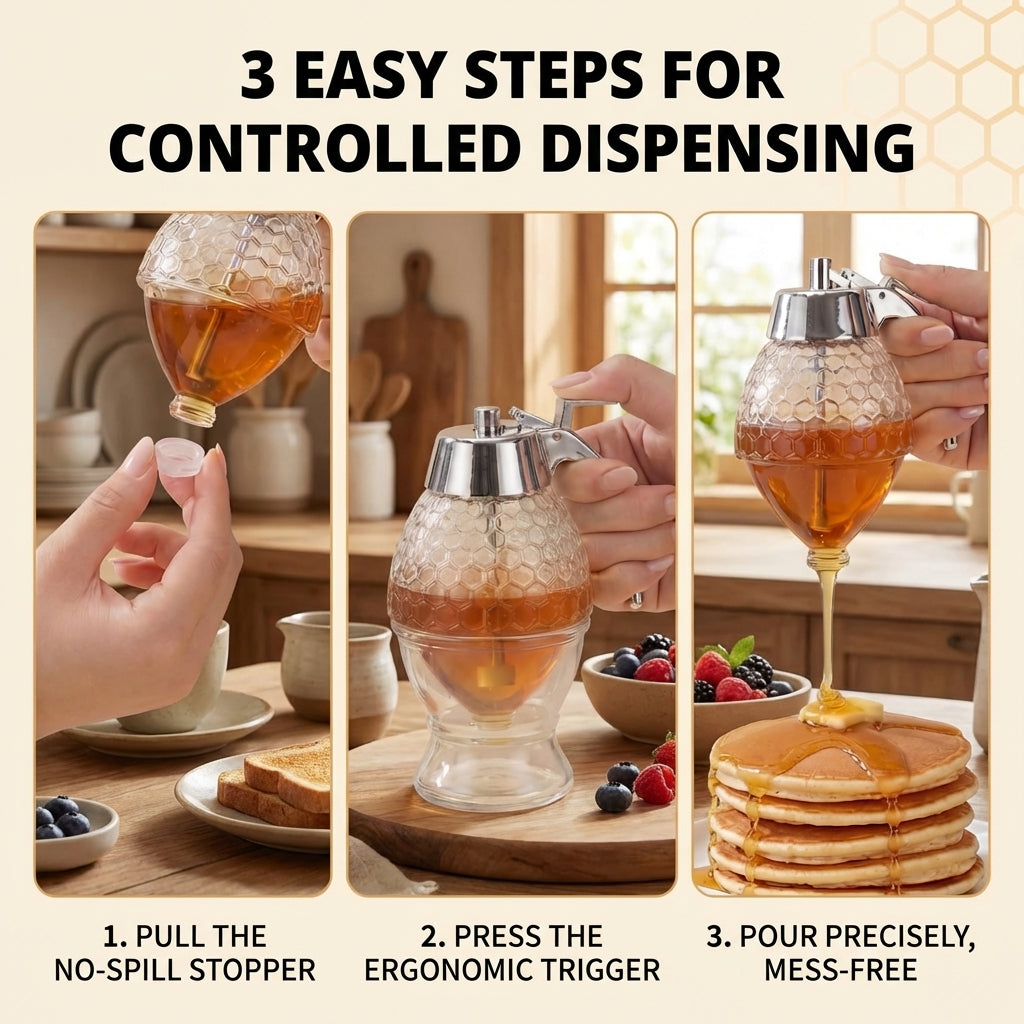 Honey Dispenser No Drip Glass, Glass Honey Dispenser No Drip with Stand, Syrup Dispenser Jar for Kitchen, Honey Syrup Pourer for Tea Coffee Breakfast, 8oz, 1 Pack