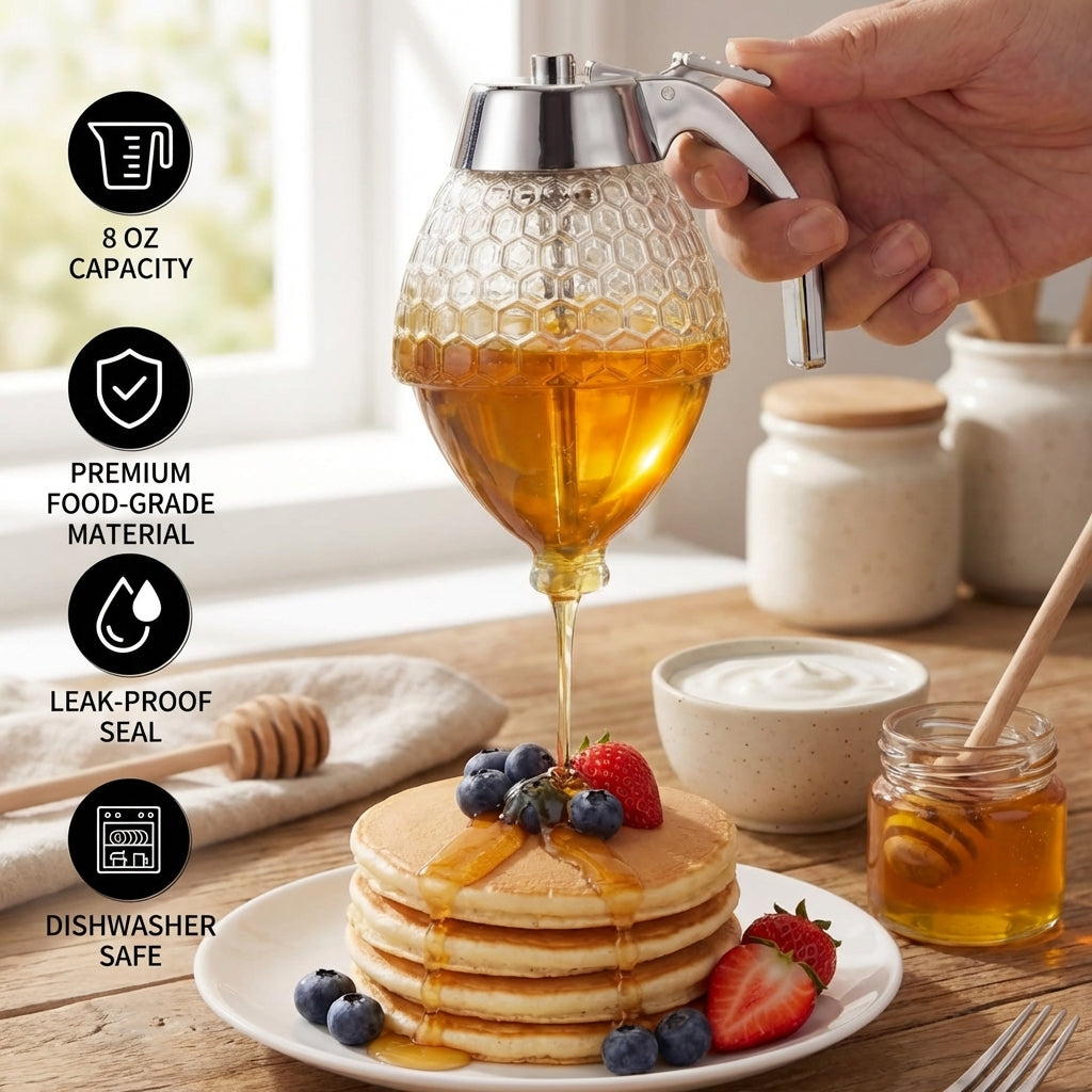 Honey Dispenser No Drip Glass, Glass Honey Dispenser No Drip with Stand, Syrup Dispenser Jar for Kitchen, Honey Syrup Pourer for Tea Coffee Breakfast, 8oz, 1 Pack