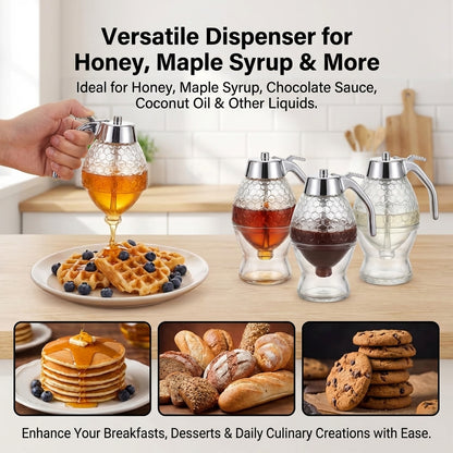 Honey Dispenser No Drip Glass, Glass Honey Dispenser No Drip with Stand, Syrup Dispenser Jar for Kitchen, Honey Syrup Pourer for Tea Coffee Breakfast, 8oz, 1 Pack
