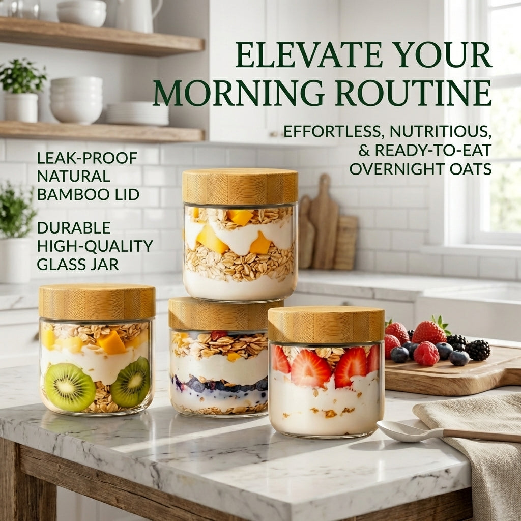 Overnight Oats Containers with Lids Glass, 10 oz Glass Food Storage Jars with Airtight Bamboo Lids, Wide Mouth Overnight Oats Jars for Yogurt Chia Pudding Meal Prep, 4 Pack