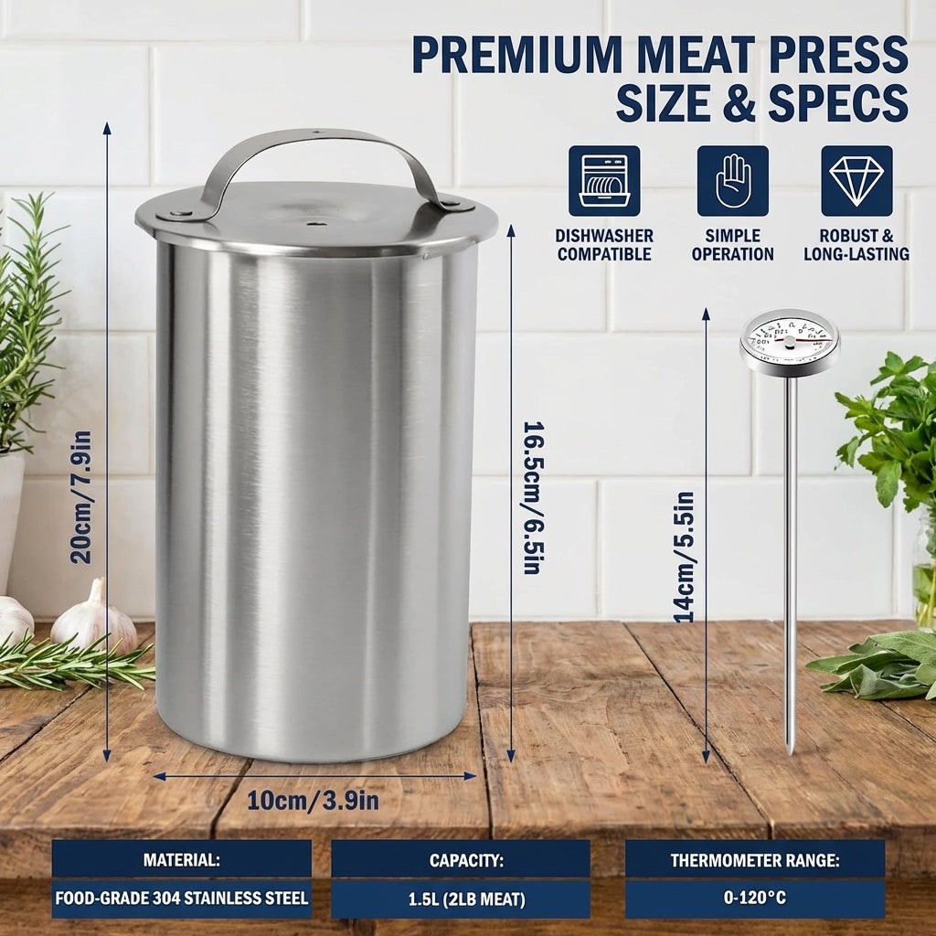 Ham Maker Meat Press Stainless Steel, Deli Meat Press and Lunch Meat Maker, Meat Press Mold for Deli Meats with Thermometer, Meat Press for Homemade Sandwich Prep, 1 Set