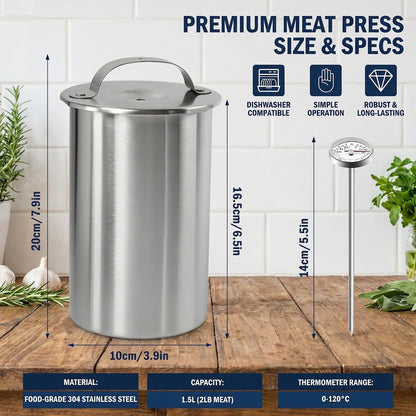 Ham Maker Meat Press Stainless Steel, Deli Meat Press and Lunch Meat Maker, Meat Press Mold for Deli Meats with Thermometer, Meat Press for Homemade Sandwich Prep, 1 Set