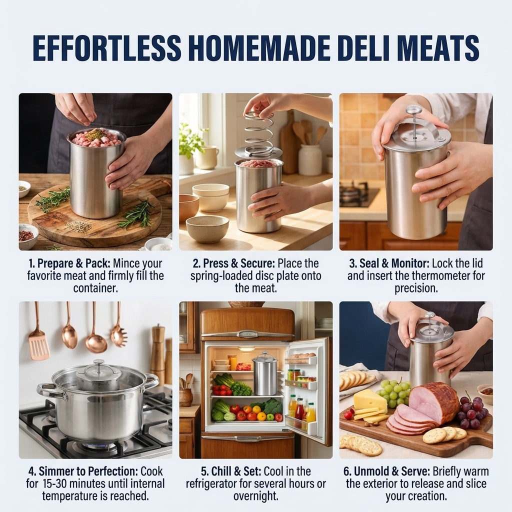 Ham Maker Meat Press Stainless Steel, Deli Meat Press and Lunch Meat Maker, Meat Press Mold for Deli Meats with Thermometer, Meat Press for Homemade Sandwich Prep, 1 Set