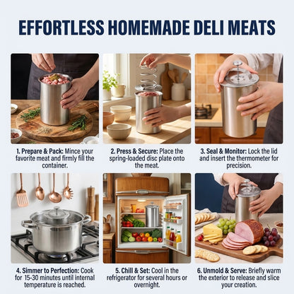 Ham Maker Meat Press Stainless Steel, Deli Meat Press and Lunch Meat Maker, Meat Press Mold for Deli Meats with Thermometer, Meat Press for Homemade Sandwich Prep, 1 Set