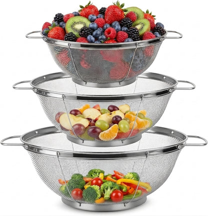 Stainless Steel Colander Set, Mesh Colander and Strainer Set, Large Stainless Strainer Metal Colander with Handles for Kitchen Washing and Straining, 3 Pack