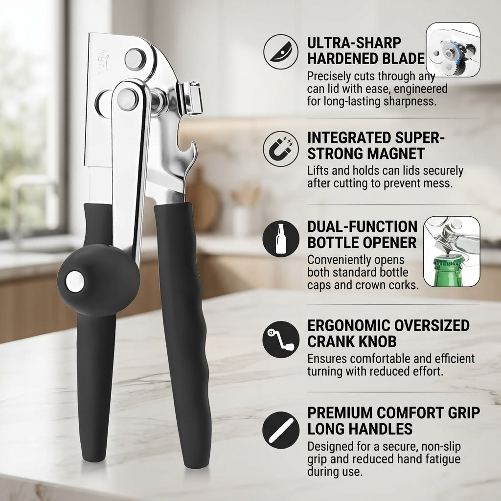 Manual Can Opener Stainless Steel, Hand Held Can Opener Smooth Edge for Kitchen Use, Heavy Duty Swing Away Can Opener with Bottle Opener, 1 Pack