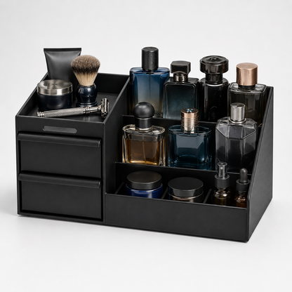 Cologne Organizer for Men, Cologne Stand with 2 Storage Drawers, Vanity Perfume Organizer for Bedroom Dresser, Countertop Display Case