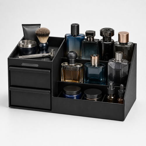Cologne Organizer for Men, Cologne Stand with 2 Storage Drawers, Vanity Perfume Organizer for Bedroom Dresser, Countertop Display Case