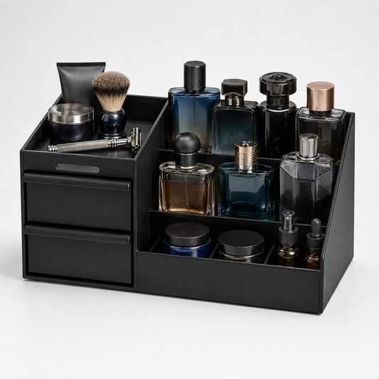 Cologne Organizer for Men, Cologne Stand with 2 Storage Drawers, Vanity Perfume Organizer for Bedroom Dresser, Countertop Display Case