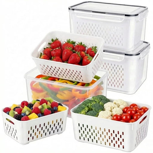 7 PCS Fruit Storage Containers for Fridge,Leakproof Produce Containers for Fridge with Removable Colander,All-in-One Fruit Container Strainers for Berries,Fruits,Vegetables