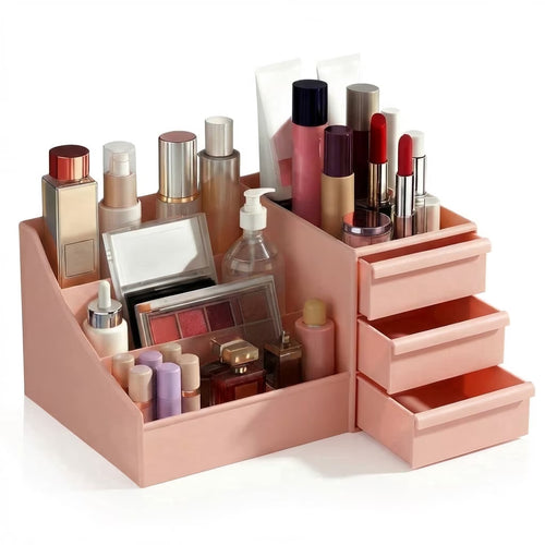 Pink Makeup Organizer with Drawers, Large Capacity Cosmetic Storage for Vanity or Bathroom Countertop, Multi-Compartment Organizer for Skincare, Lipstick & Palettes, 1 Pack