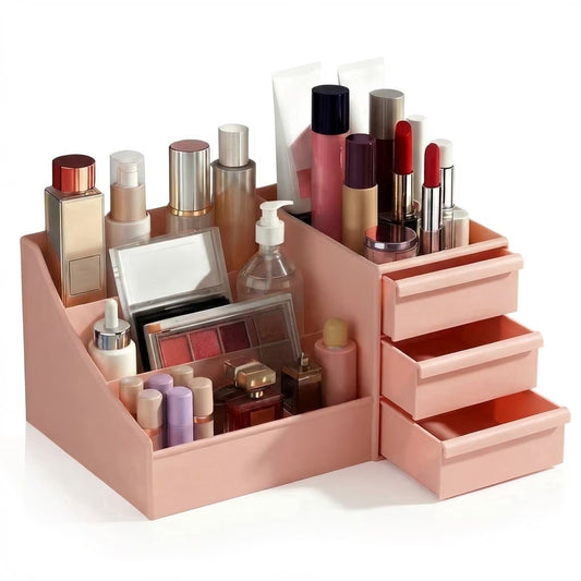 Pink Makeup Organizer with Drawers, Large Capacity Cosmetic Storage for Vanity or Bathroom Countertop, Multi-Compartment Organizer for Skincare, Lipstick & Palettes, 1 Pack