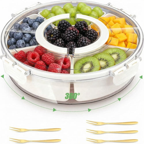 Portable Large Capacity Snack Spinner Box Container with Lid and Handle, Divided Serving Tray for Fruit Veggie Charcuterie(1 pack-6 Compartments)