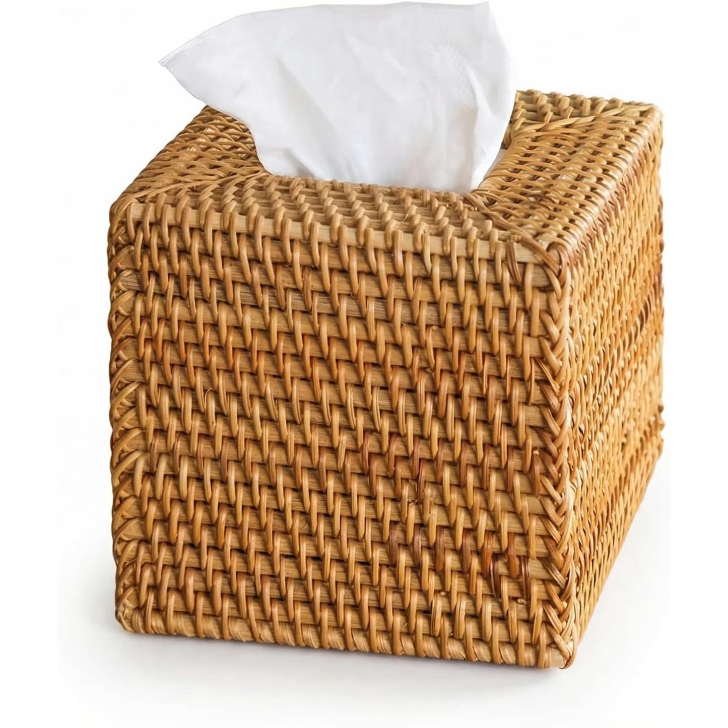 Rattan Tissue Box Cover, Natural Woven Wicker Tissue Box Holder, Square Boho Decorative Facial Tissue Holder for Bathroom, Living Room, Kitchen or Desk, 5.5 x 5.5 x 5.9 Inch