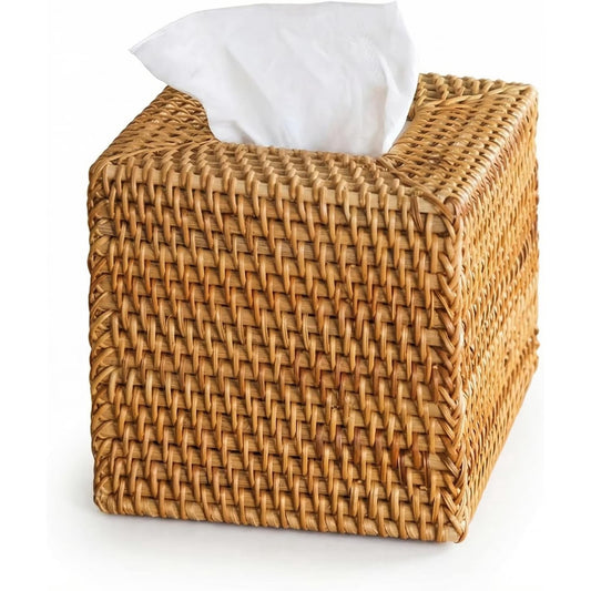 Rattan Tissue Box Cover, Natural Woven Wicker Tissue Box Holder, Square Boho Decorative Facial Tissue Holder for Bathroom, Living Room, Kitchen or Desk, 5.5 x 5.5 x 5.9 Inch