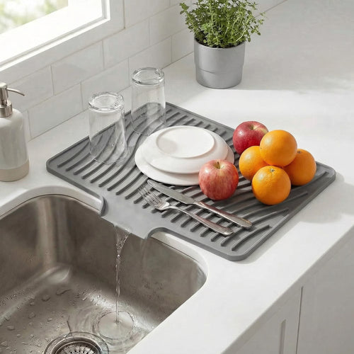 Silicone Dish Drying Mat for Kitchen Counter or Sink, Non-Slip Dish Drainer Mat with Built-in Drain, Heat Resistant Drying Pad, Grey