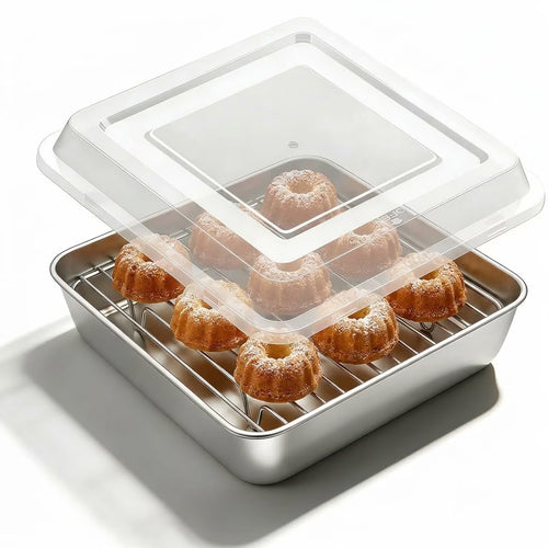 Stainless Steel 8 x 8 Baking Pan with Lid and Rack, Square Cake Pan for Brownies, Casseroles and Cakes, 8 Inch Square Baking Pan, Square Baking Dish for Toaster Oven