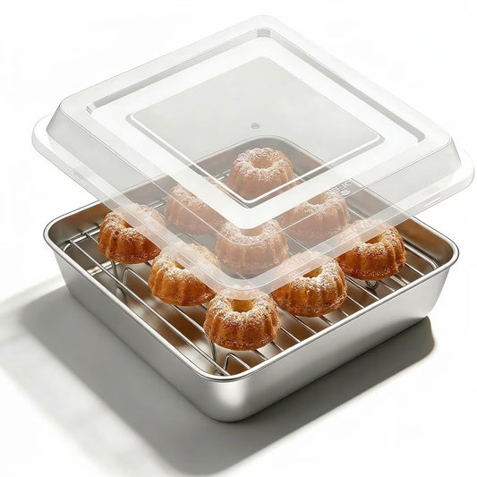 Stainless Steel 8 x 8 Baking Pan with Lid and Rack, Square Cake Pan for Brownies, Casseroles and Cakes, 8 Inch Square Baking Pan, Square Baking Dish for Toaster Oven