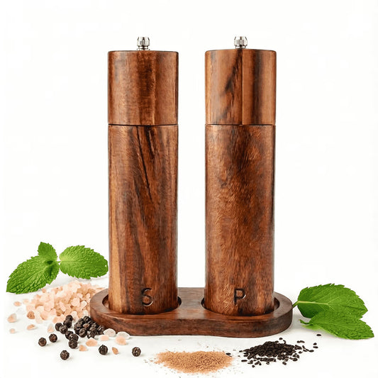 Wooden Salt and Pepper Grinder Set, Refillable Salt & Pepper Mill with Tray & Spoons, Adjustable Rubber Wood Salt & Pepper Shakers Holder with Ceramic Grinder