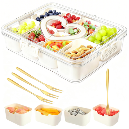 Snackle Box – 8 Compartment Divided Serving Tray with Lid, Handle, 4 Gold Forks, Portable