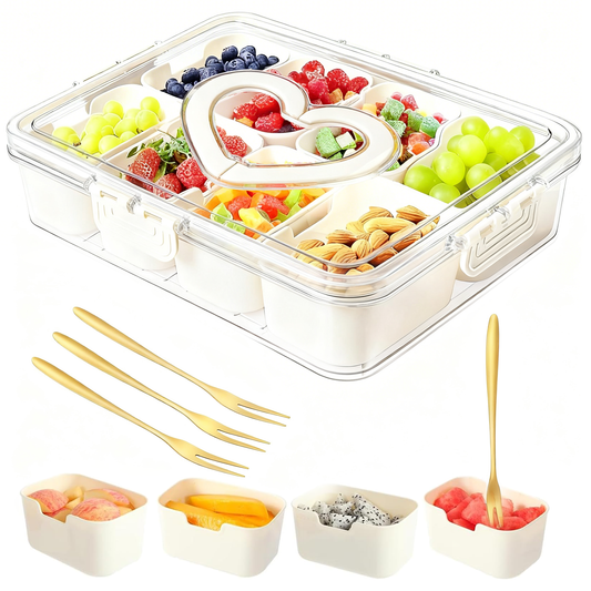 Snackle Box – 8 Compartment Divided Serving Tray with Lid, Handle, 4 Gold Forks, Portable