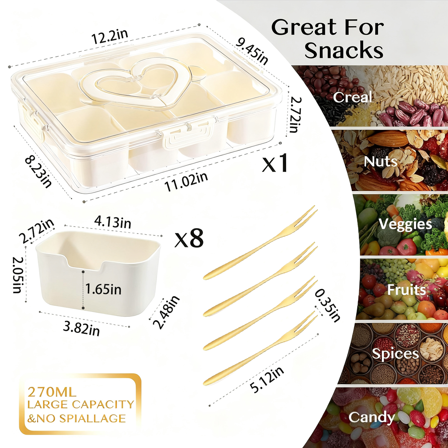 Snackle Box – 8 Compartment Divided Serving Tray with Lid, Handle, 4 Gold Forks, Portable