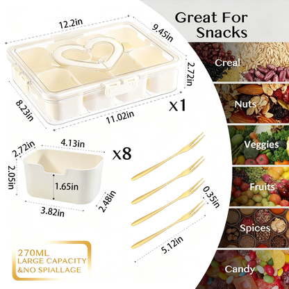 Snackle Box – 8 Compartment Divided Serving Tray with Lid, Handle, 4 Gold Forks, Portable