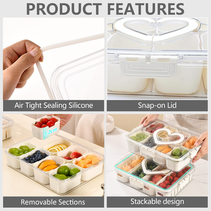 Snackle Box – 8 Compartment Divided Serving Tray with Lid, Handle, 4 Gold Forks, Portable